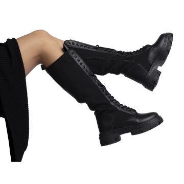 Cizme dama lungi din piele ecologica cu insertii din material textil Negre Evea Marimea 40