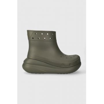 Crocs cizme Classic Crush Rain Boot femei, culoarea verde, 207946