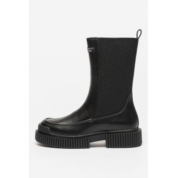 Cizme mid-calf de piele cu segmente din material textil