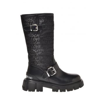 Cizme mid-calf cu insertii de piele