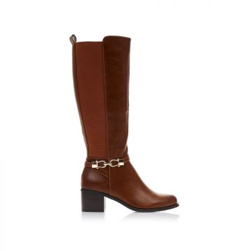 Cizme Camel imitație de piele cu bandă elastică și baretă cu cataramă pe lateral