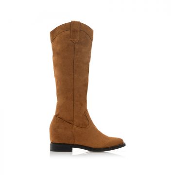 Cizme Camel piele întoarsă cowboy cu design cu cusături