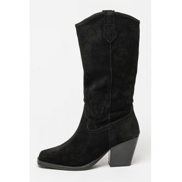 Cizme mid-calf de piele intoarsa cu toc cubanez