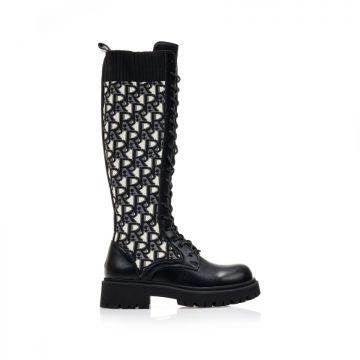 Cizme Negre Imitație Piele cu șireturi și design tricotat