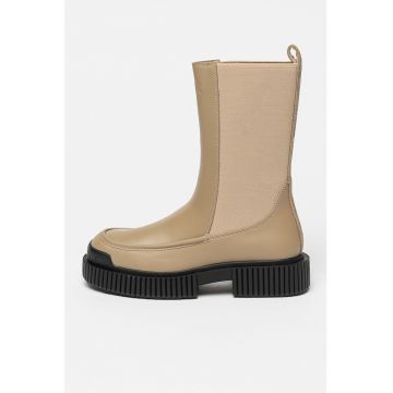 Cizme mid-calf de piele cu insertii din material textil