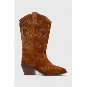 Pepe Jeans cizme de cowboy din piele intoarsa PLS50512 femei, culoarea maro, cu toc drept, APRIL CITY