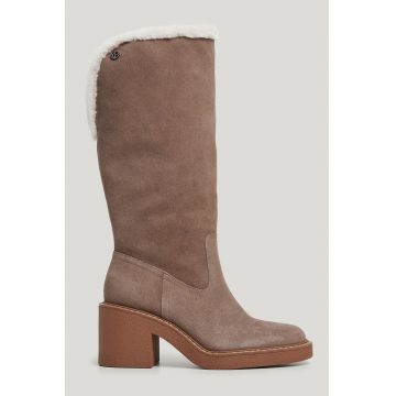 Cizme mid-calf de piele intoarsa cu toc masiv