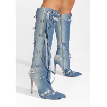 Cizme lungi cu toc subtire Sylvie denim