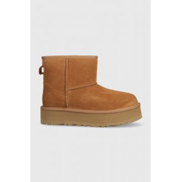 UGG cizme de zapada din piele intoarsa CLASSIC MINI PLATFORM culoarea bej